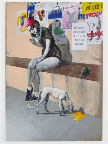 Charles Avery — Untitled (Seated Woman on Phone with Posters Behind)
