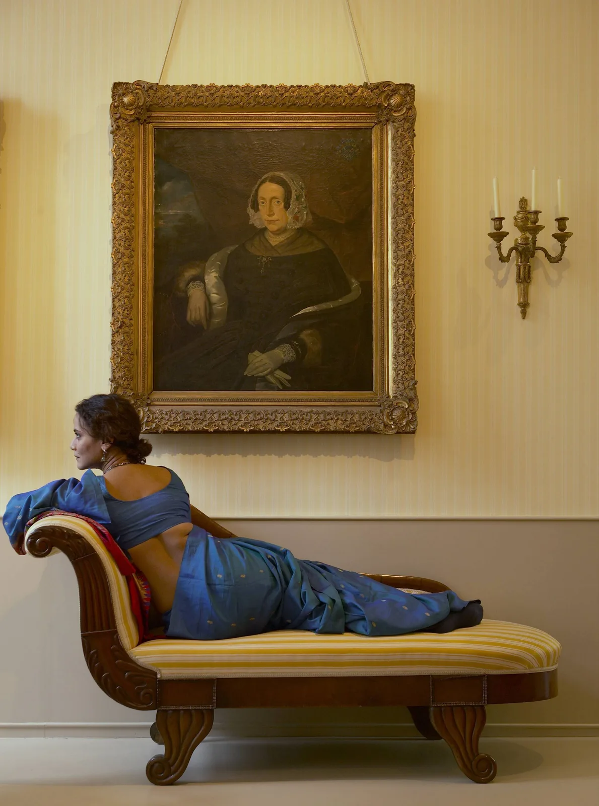 Monali Meher — Golden Paithani on Chaise Longue